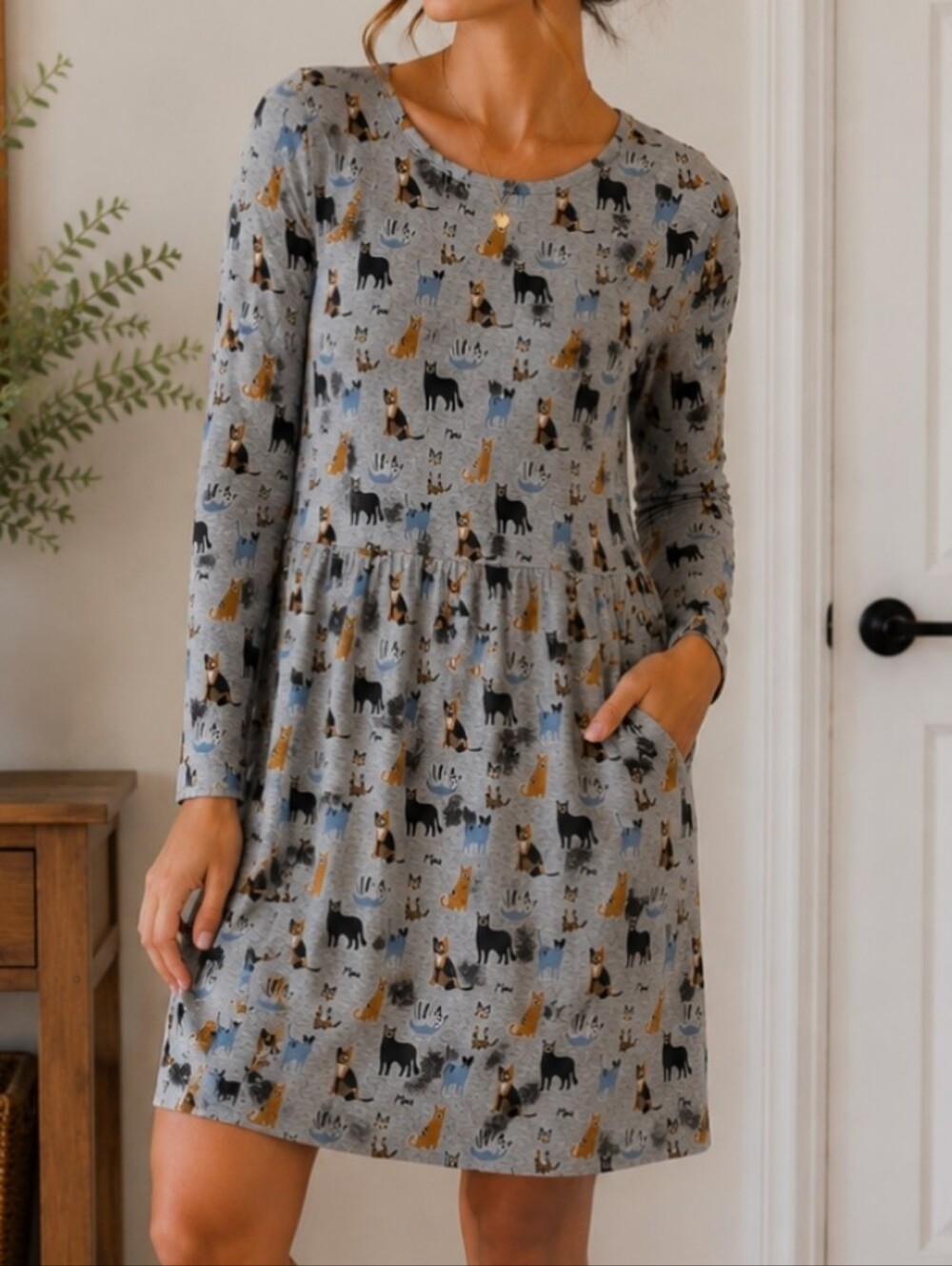 L. Soul Cat Print Stretchy Sweater Fit And Flare Dress Gray Small Pockets